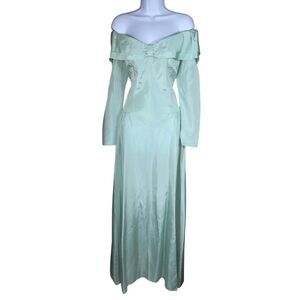 Vintage Light Blue/Teal Off-The-Shoulder Satin Bridesmaid Formal Gown